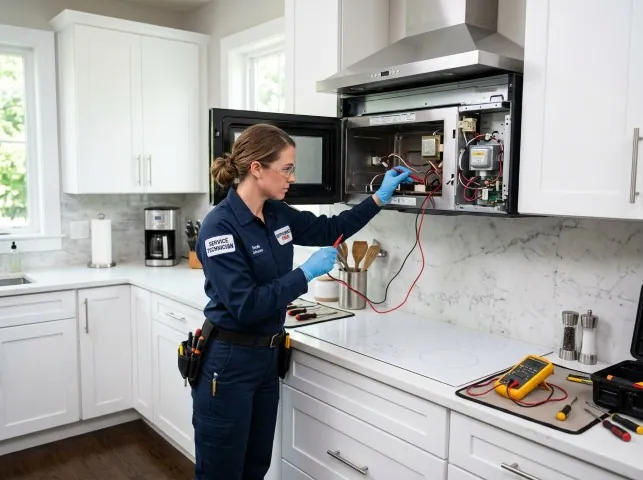 Appliance Repair Hero technician testing an over-the-range microwave in a Bellevue, WA kitchen